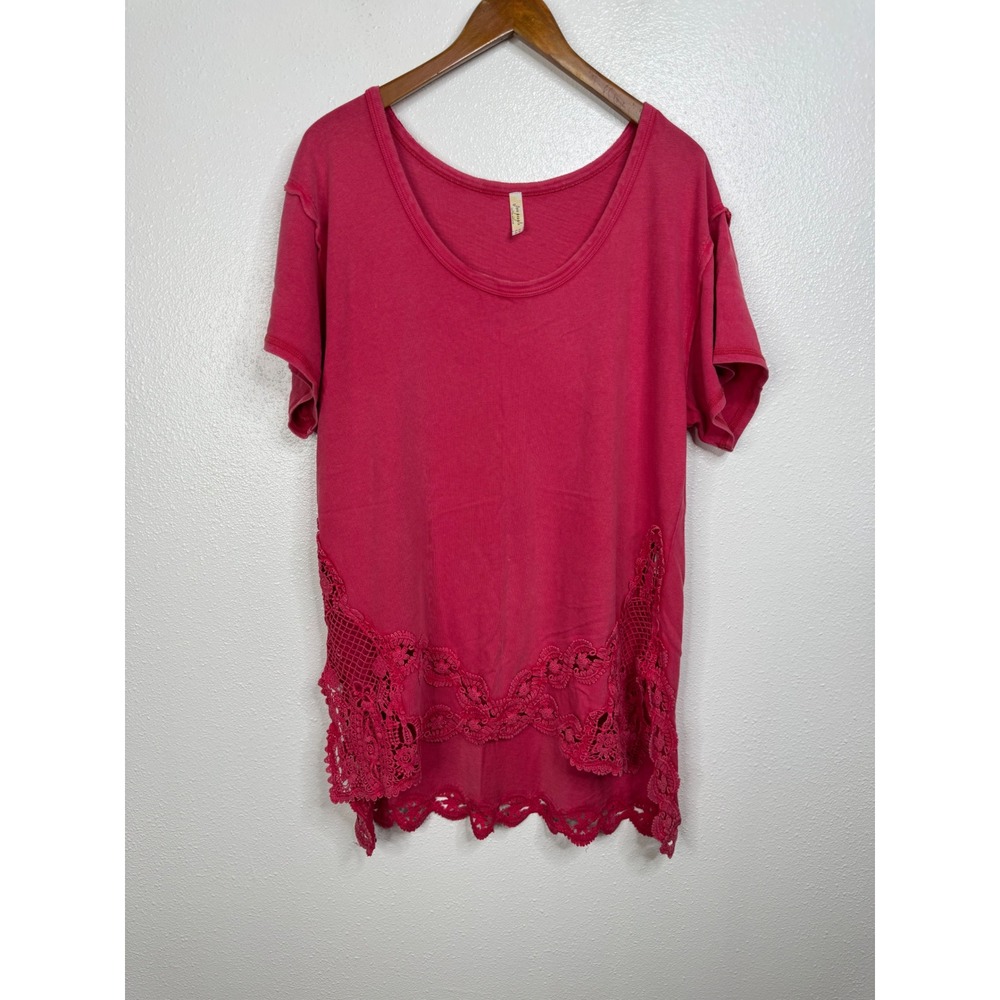Free People Pink Crochet Lace Trim Short Sleeve Boho Knit Top Women Medium